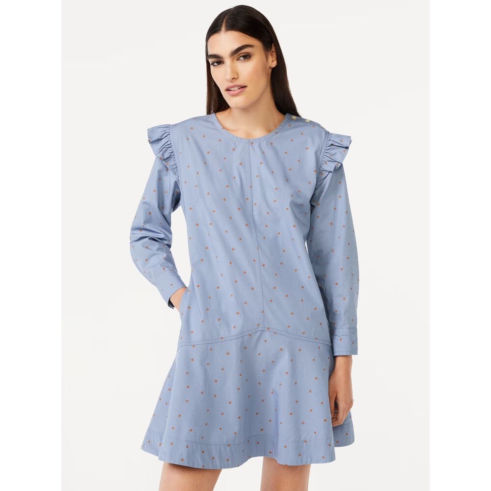 Free Assembly Button Shoulder Mini Dress M Ruffle Long Sleeve Pockets Drop Waist